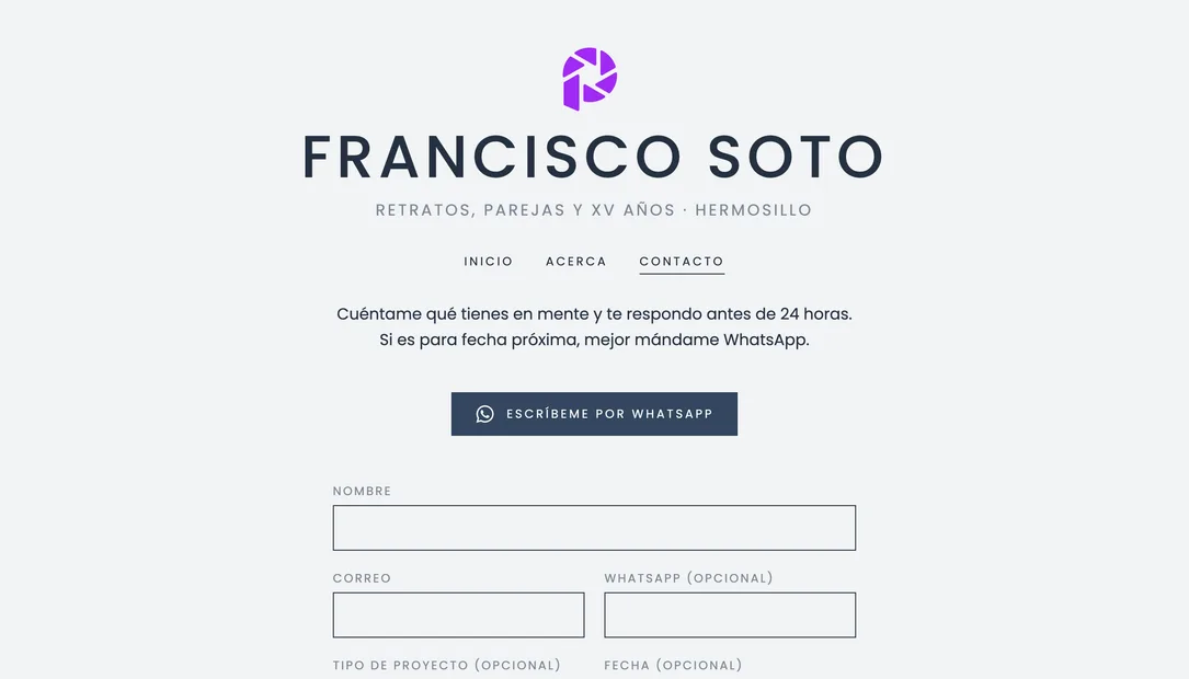 Botón de contacto por WhatsApp en un portafolio para fotógrafos optimizado para Google