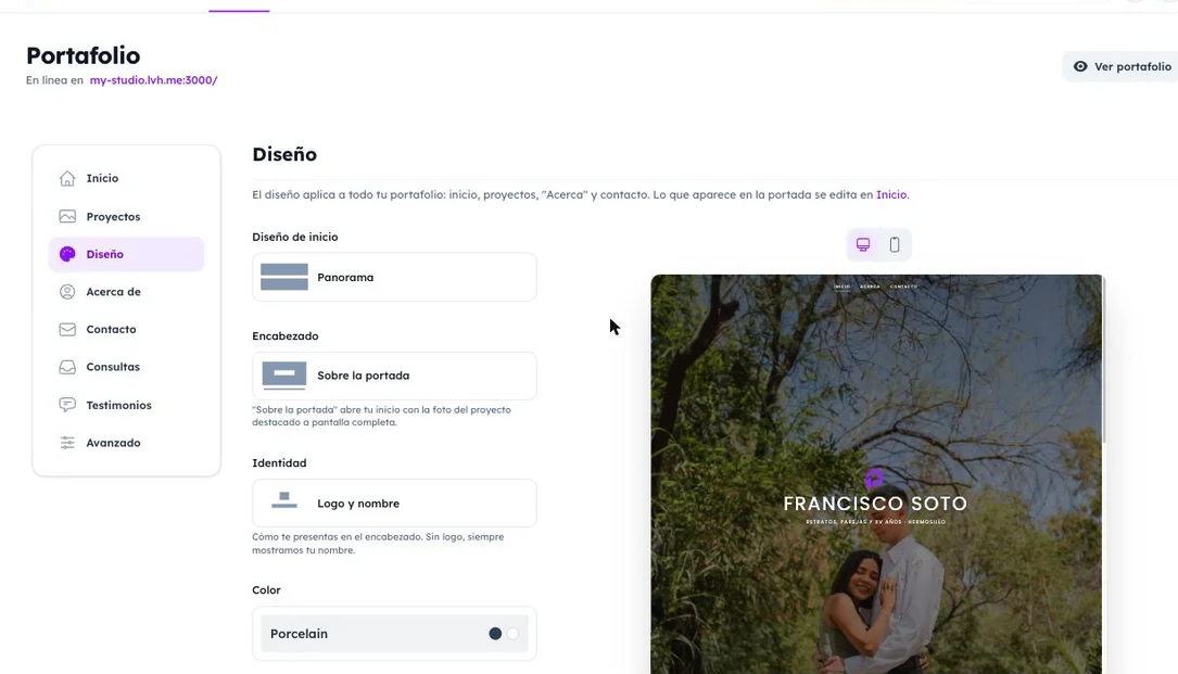 Editor del portafolio con vista previa en vivo